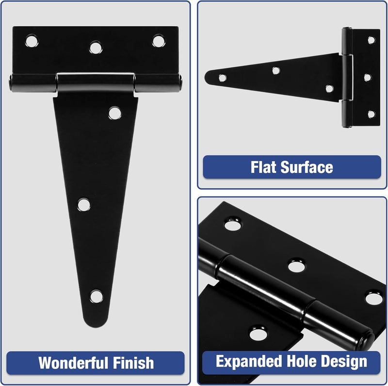 TDCHINGES 6 Inch Heavy Duty T Strap Tee Hinge 6 Pack Barn Farm Fence Gate Door Hinges for Shed Doors Outdoor Kitchen Wood Cabinet Interior Exterior Window Bar Shop Matte Blake Door Hinge Hardware Kit - Image 3